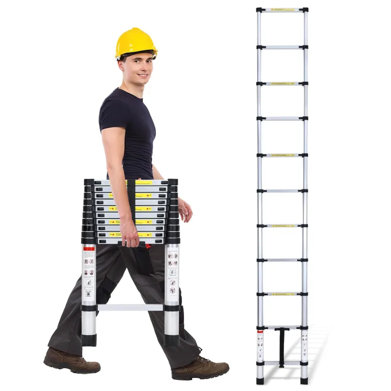 Escalera telescópica de aluminio de 3,2 m, extensible, plegable, multifunción, recta, para uso doméstico y exterior, capacidad de carga: 150 kg.