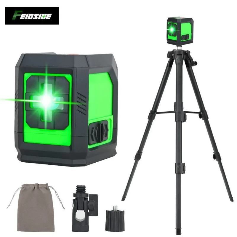 Nivel láser con retícula giratoria de 2 líneas y trípode retráctil, brillo ajustable, resistente al agua y al polvo, color verde.