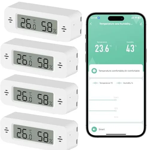 Juego de 4 termómetros e higrómetros wifi para interiores con alarma e historial, compatibles con smart life, tuya smart y alexa.