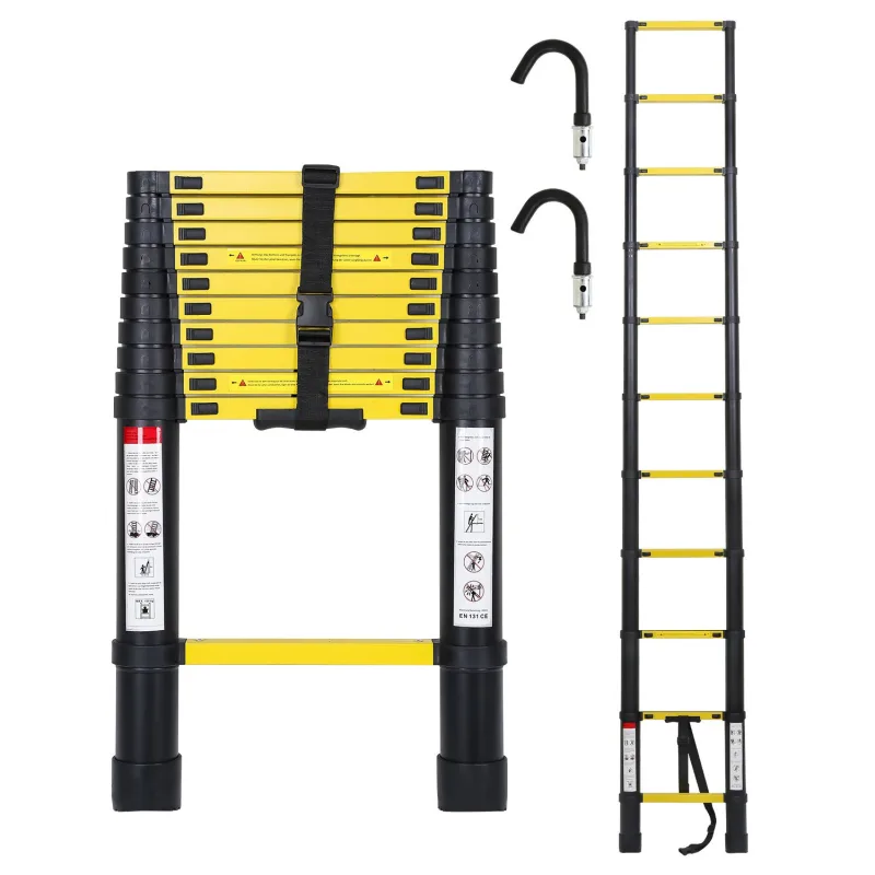 Escalera telescópica de aluminio premium de 3,2 m, color negro, antideslizante, multifuncional con ganchos extraíbles.