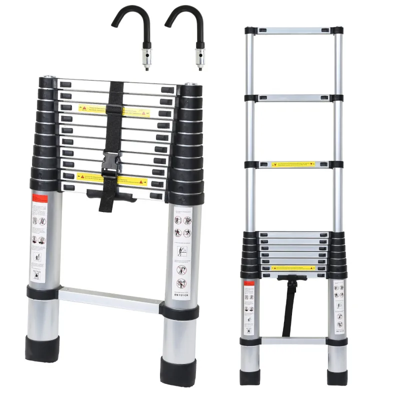 Escalera telescópica premium de aluminio plateado de 3,2 m, antideslizante, multifuncional con ganchos desmontables.