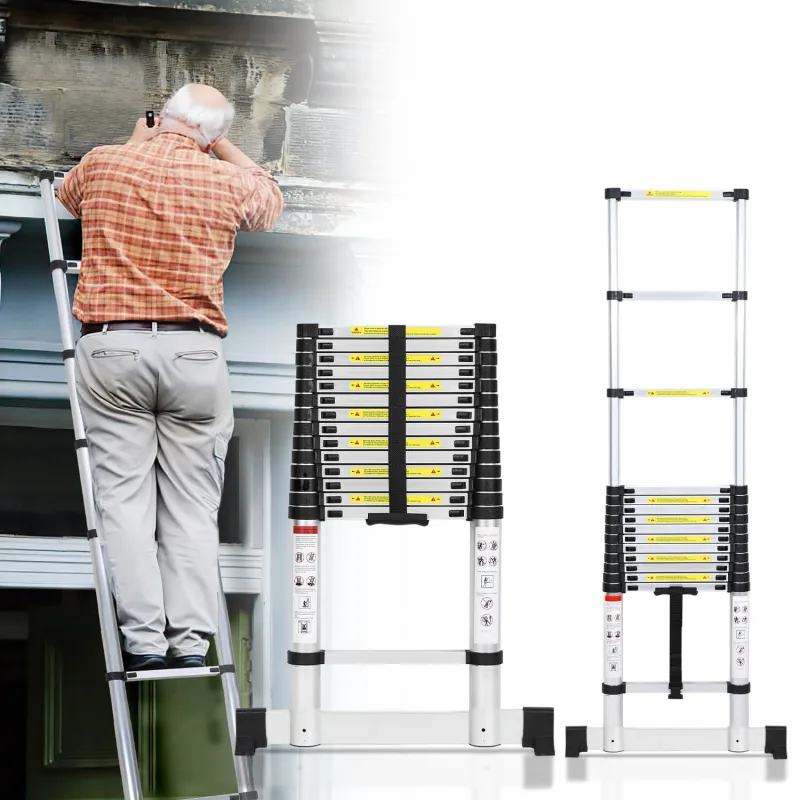 Escalera telescópica de aluminio prémium de 4,4 m con estabilizador, antideslizante y multifuncional