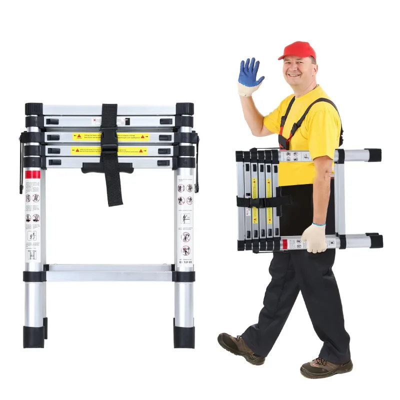 Escalera telescópica premium de aluminio plateado de 1,7 m, extensible y plegable, antideslizante, multifuncional