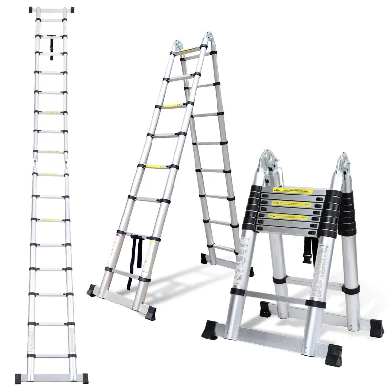Escalera telescópica plateada de 5 m, plegable, multifuncional, para interior/exterior, 150 kg