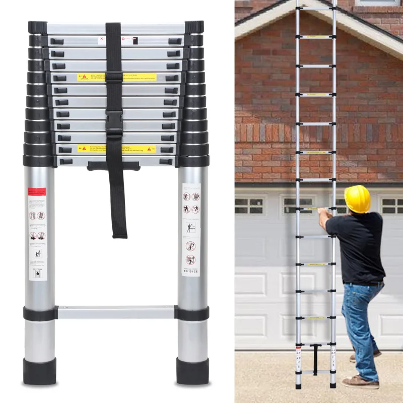 Escalera telescópica de aluminio de 5 m, extensible, plegable, multifuncional, recta, para uso doméstico y exterior, capacidad de carga de 150 kg