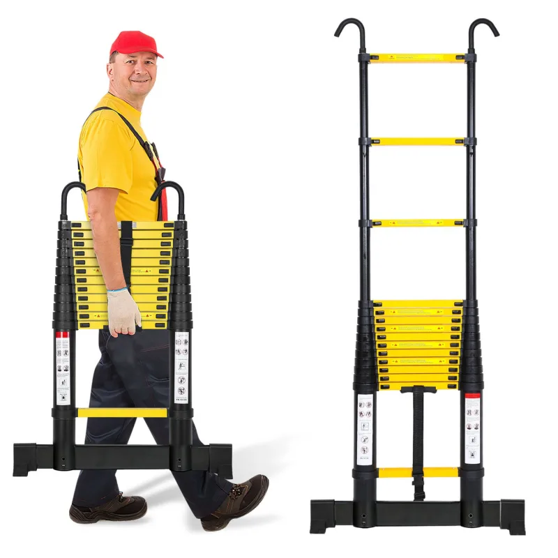 Escalera telescópica negra de 4,4 m con estabilizador y ganchos desmontables, plegable, multifuncional, para uso interior/exterior, 150 kg