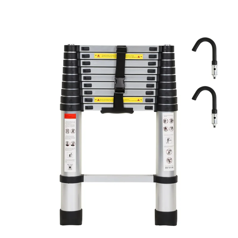 Escalera telescópica de aluminio plateado de 2,6 m, extensible con ganchos desmontables, plegable, multifuncional, para uso interior/exterior, 150 kg