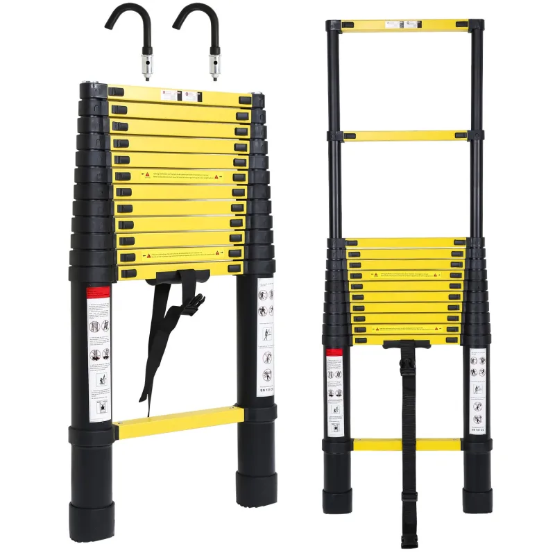 Escalera telescópica de aluminio negro de 3,8 m, extensible con ganchos desmontables, plegable, multifuncional, para uso interior/exterior, 150 kg