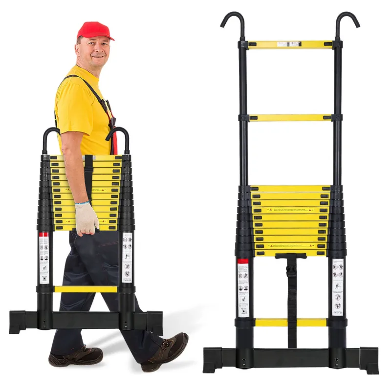 Escalera telescópica negra de 3,8 m con estabilizador y ganchos desmontables, plegable, multifuncional, para uso interior/exterior, 150 kg