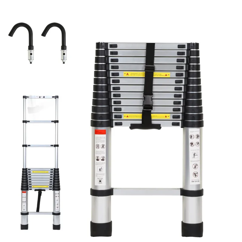 Escalera telescópica de aluminio plateado de 3,8 m, extensible con ganchos desmontables, plegable, multifuncional, para uso interior/exterior, 150 kg