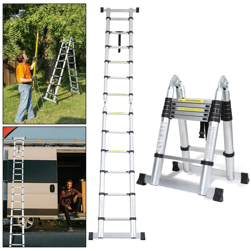 Escalera telescópica plateada, 3,8 m, plegable, multifuncional, para interior/exterior, 150 kg