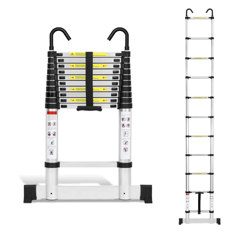 Escalera telescópica plateada premium de 3,2 m con estabilizador y ganchos