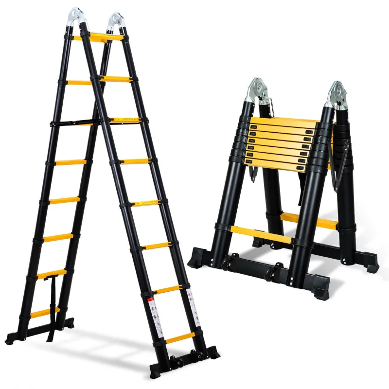 Escalera telescópica de 5 m, negra, plegable, multifuncional, interior/exterior, 150 kg