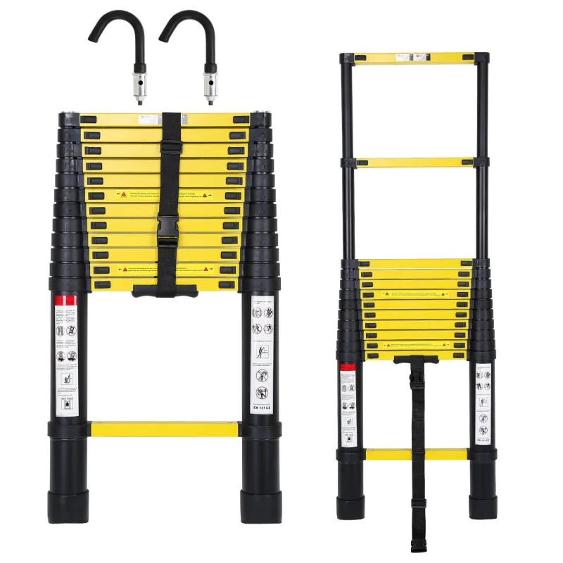 Escalera telescópica 3,8m negra con ganchos extraíbles, multifuncional, 150kg