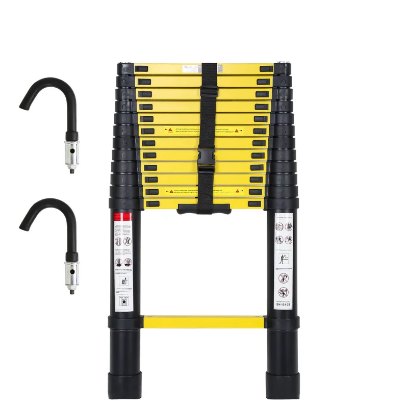 Escalera telescópica 3,8m negra con ganchos extraíbles, multifuncional, 150kg