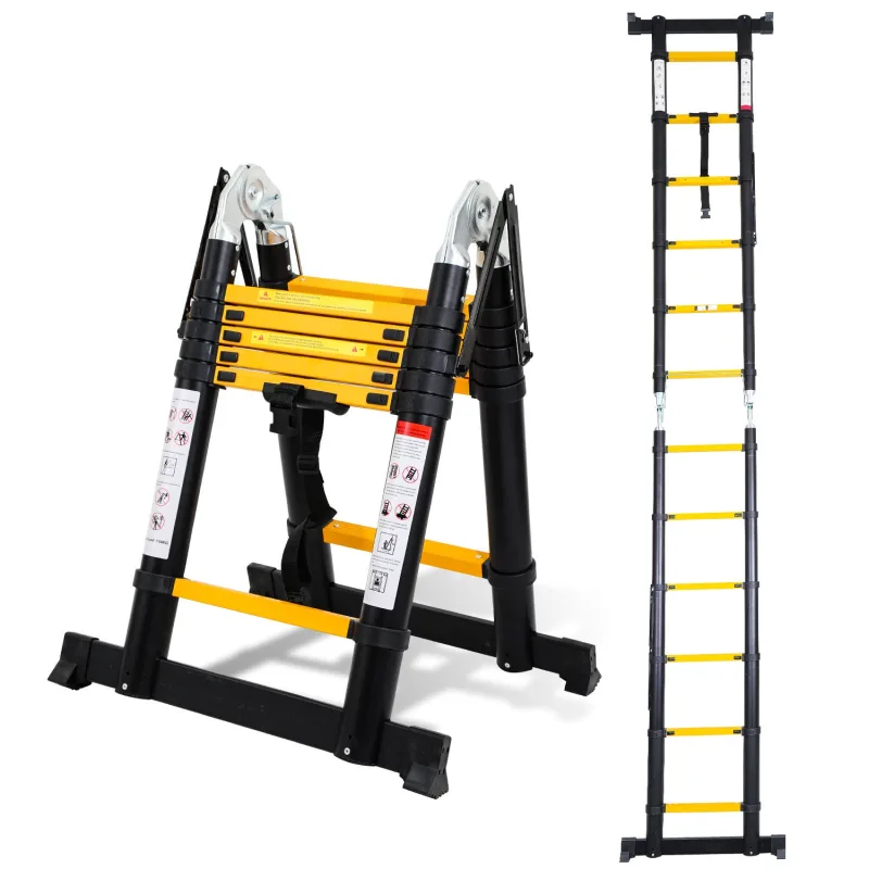 Escalera telescópica negra de 3,8 m, plegable, multifuncional, para interior/exterior, 150 kg