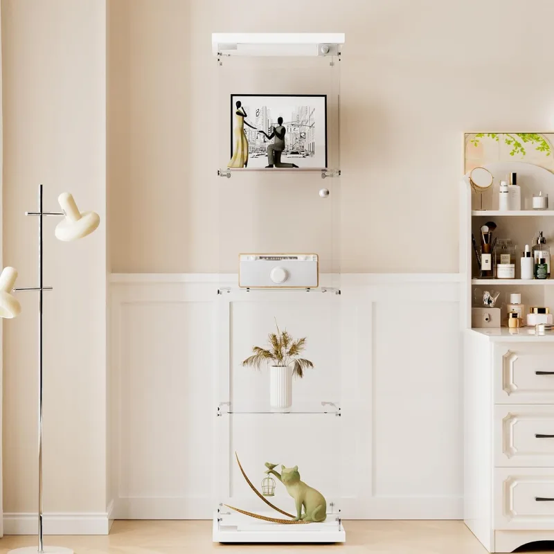 Vitrina de cristal con 4 estantes y 1 puerta, 164x42,5x36,5 cm, pieza de colección, color blanco, transparente