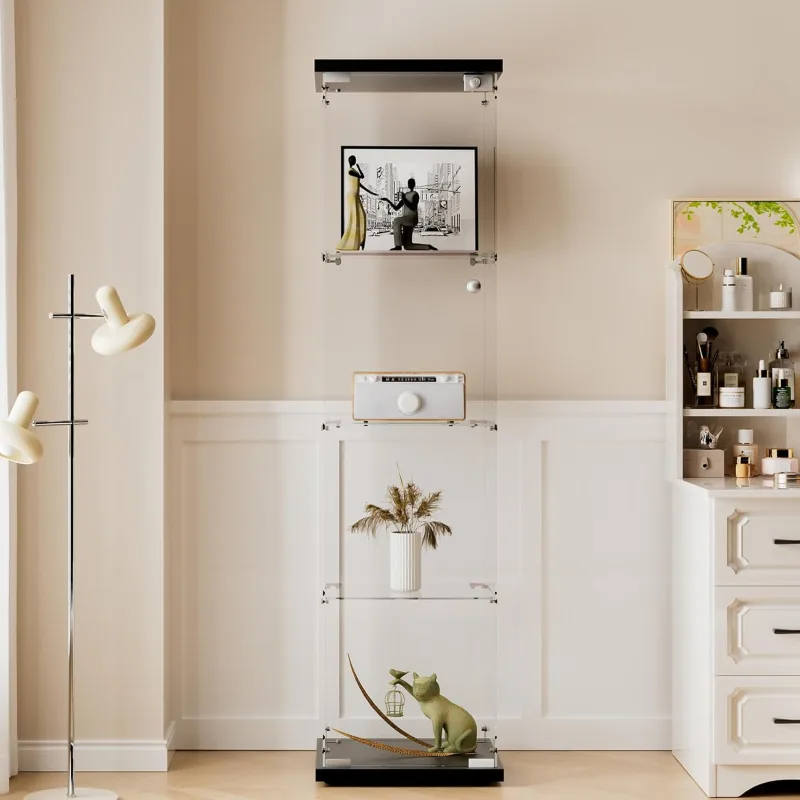 Vitrina de cristal con 4 estantes y 1 puerta, 164x42x36 cm, pieza de colección, color negro, transparente