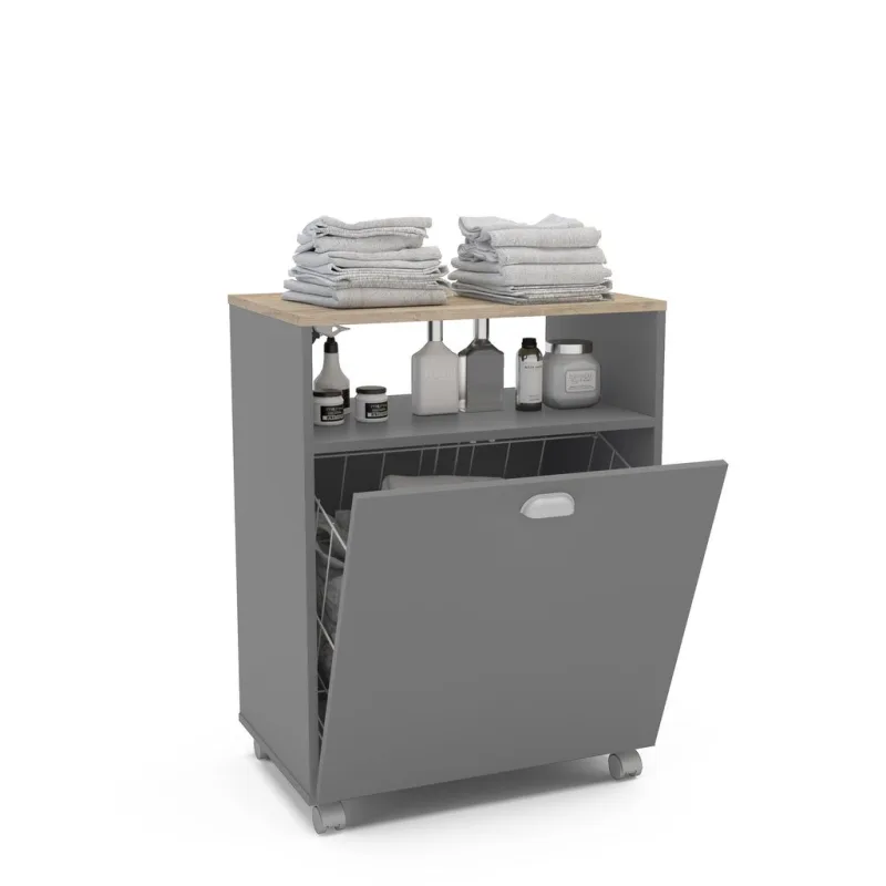 Mueble de lavandería gris con cesta metálica y tapa efecto madera aserrada – 60x40x80 cm – diseño moderno y funcional en melamina