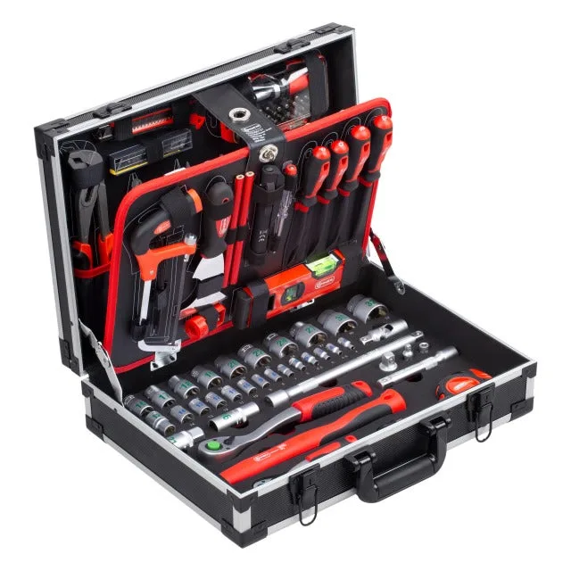 Maletín herramientas 131 piezas – caja de aluminio robusta, herramientas ordenadas con contornos, fácil de transportar