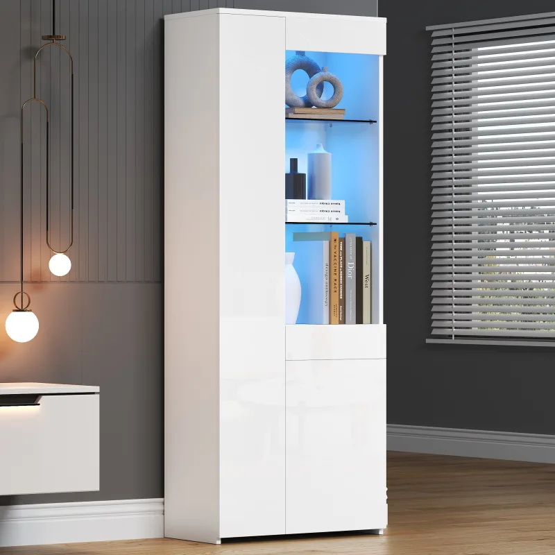 Vitrina alta 70x35x180cm con led y cajones, mueble blanco brillante, puerta de vidrio, highboard, standvitrina