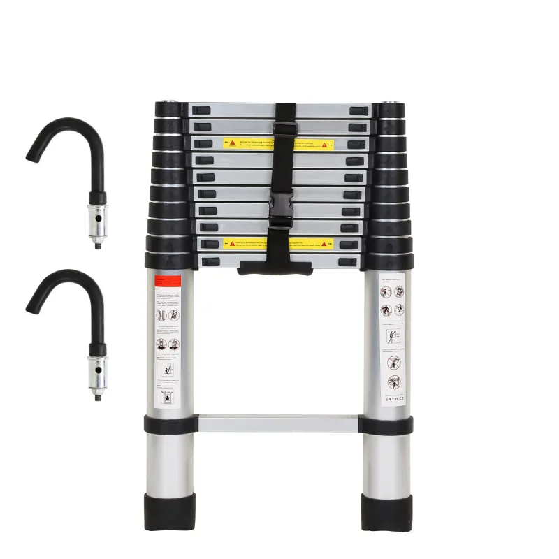 Escalera telescópica premium plateada de 3,2 m con ganchos, antideslizante