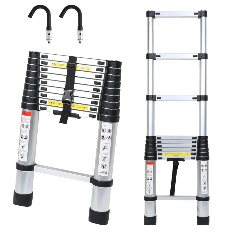 Escalera telescópica premium plateada de 2,6 m con ganchos, antideslizante