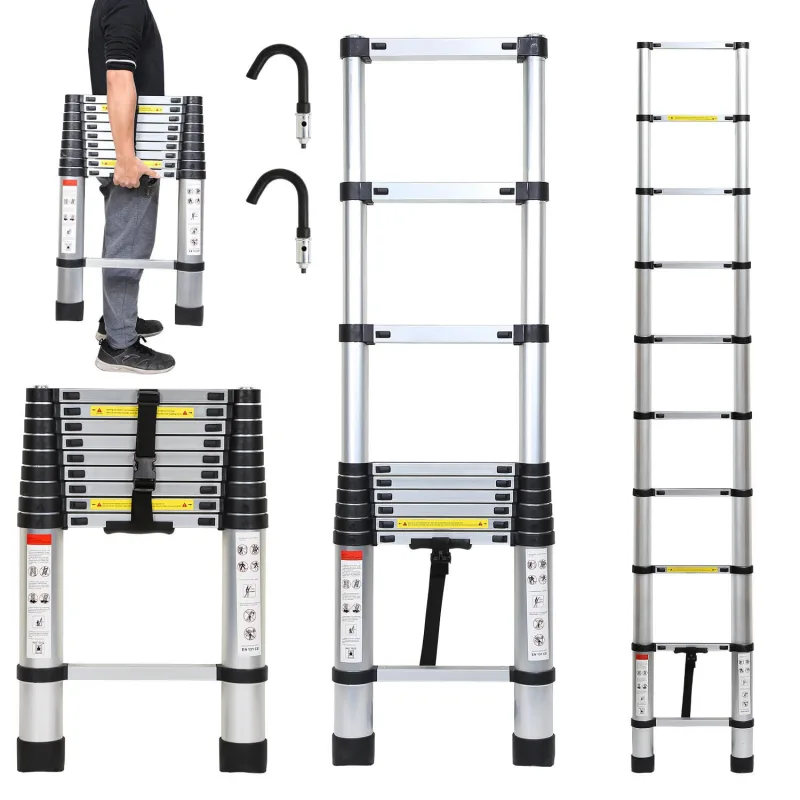 Escalera telescópica de aluminio extensible y antideslizante de 2,6 m, color plata con gancho.