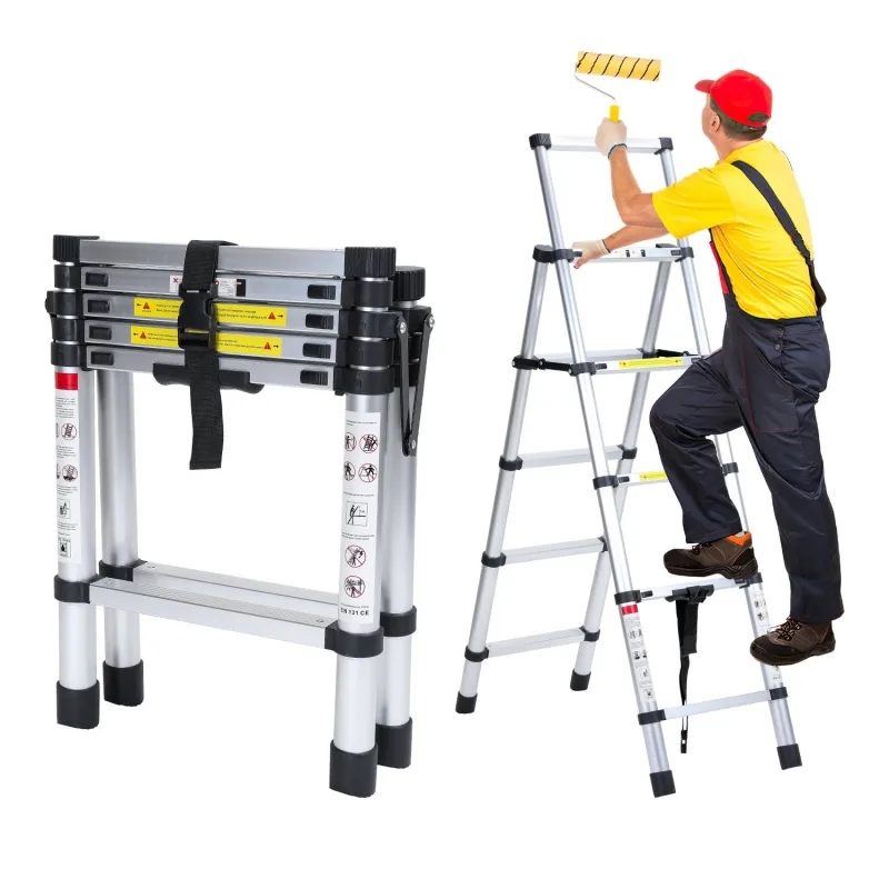 Escalera telescópica plateada, 1,7 m, plegable, multifuncional, interior/exterior, 150 kg