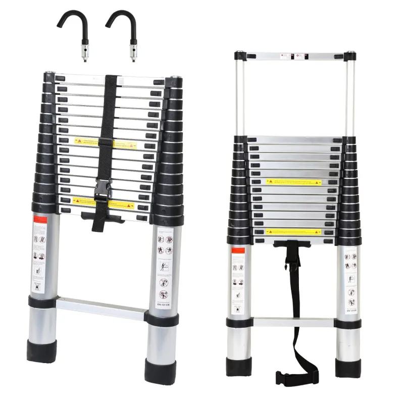 Escalera telescópica plateada de 4,4 m con gancho - escalera extensible de aluminio antideslizante