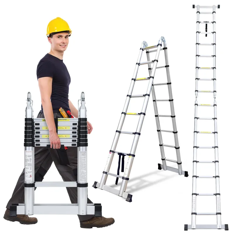 Escalera telescópica plegable plateada de 5 m, multifuncional, para interior y exterior, 150 kg