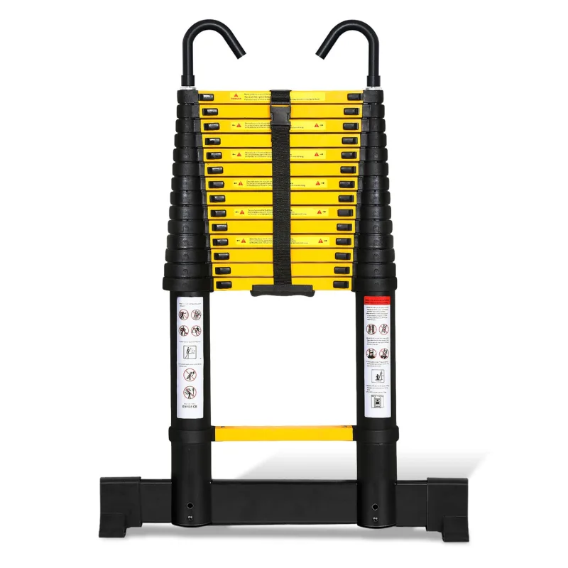 Escalera telescópica negra de 4,4 m de primera calidad con estabilizador y ganchos