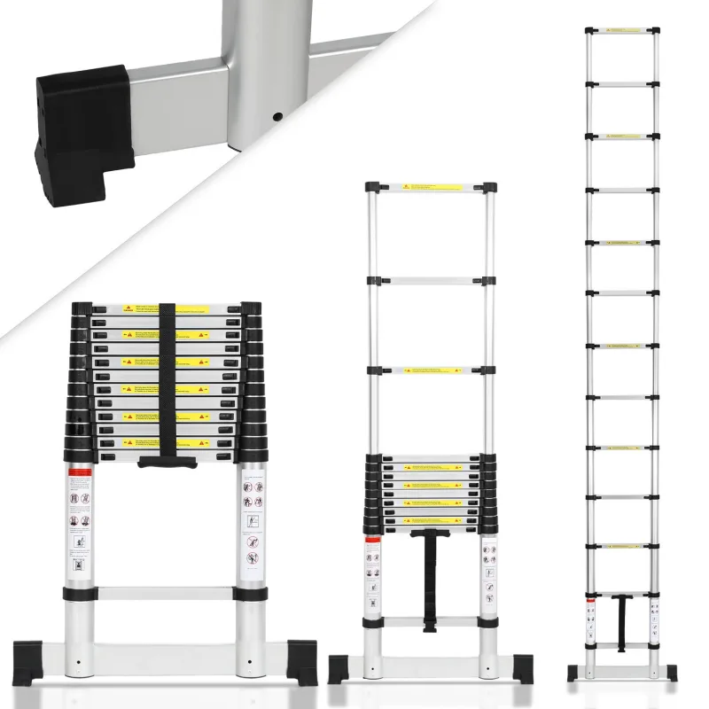 Escalera telescópica de 5 m con estabilizador, plegable, multifuncional, 150 kg