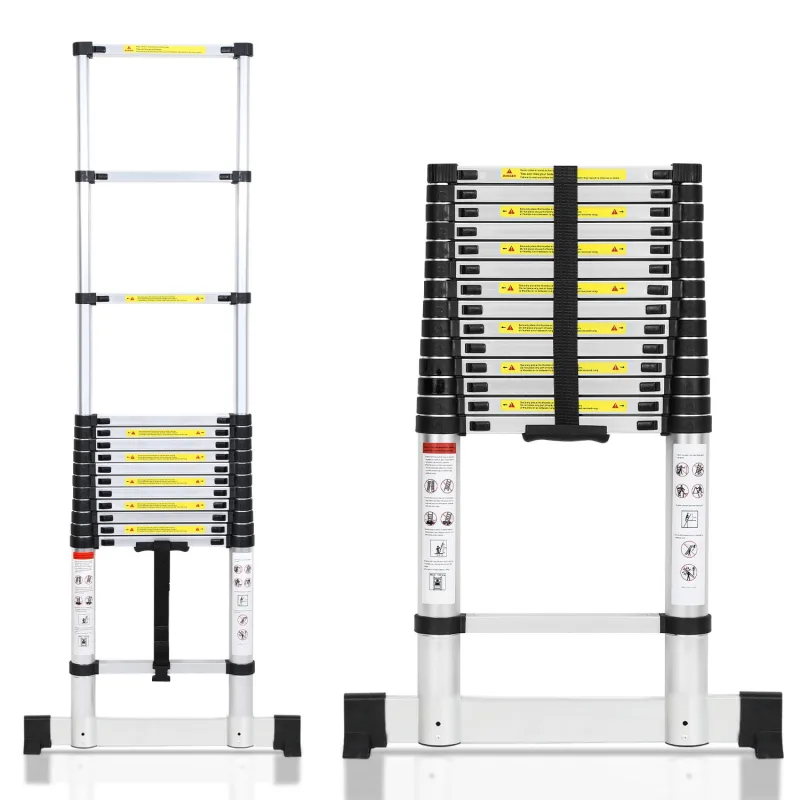 Escalera telescópica premium de 4,4 m con estabilizador y antideslizante.