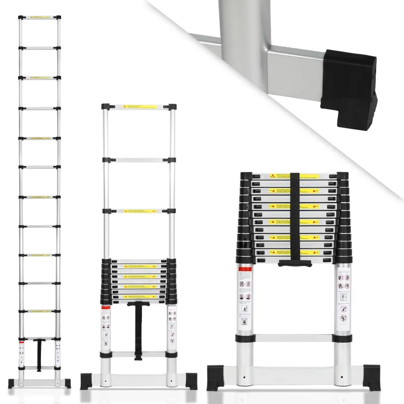 Escalera telescópica de 3,8 m con estabilizador, plegable, multifuncional, 150 kg