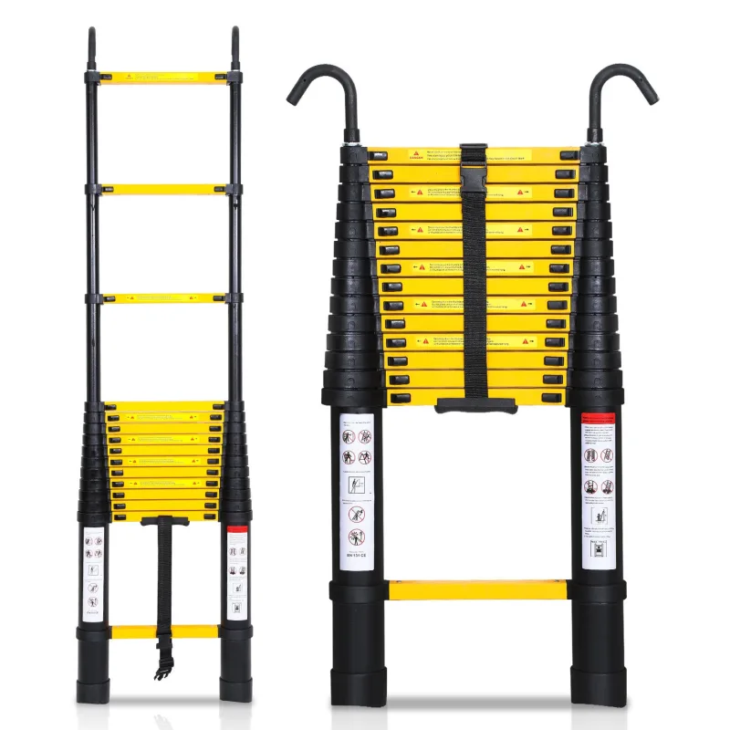 Escalera telescópica negra de 4,4 m con ganchos extraíbles, multifuncional, 150 kg