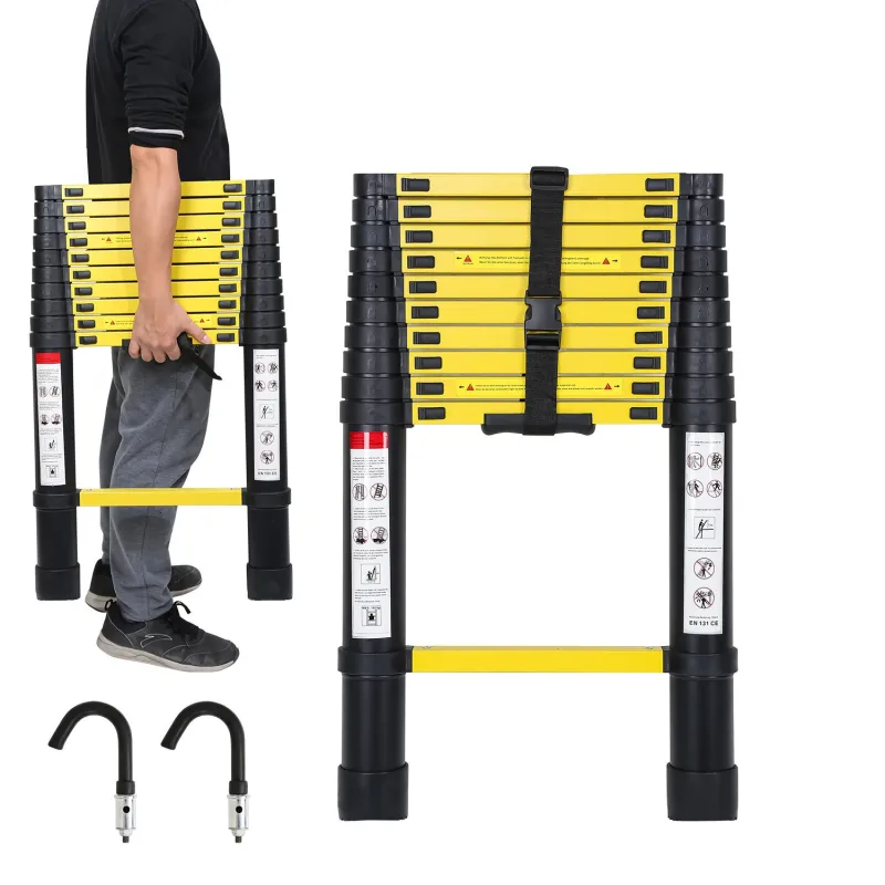 Escalera telescópica negra de 3,2 m con ganchos extraíbles, multifuncional, 150 kg