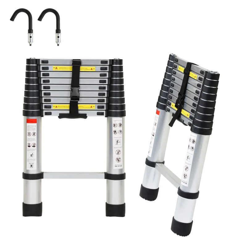 Escalera telescópica plateada de 2,6 m con ganchos extraíbles, multifuncional, 150 kg