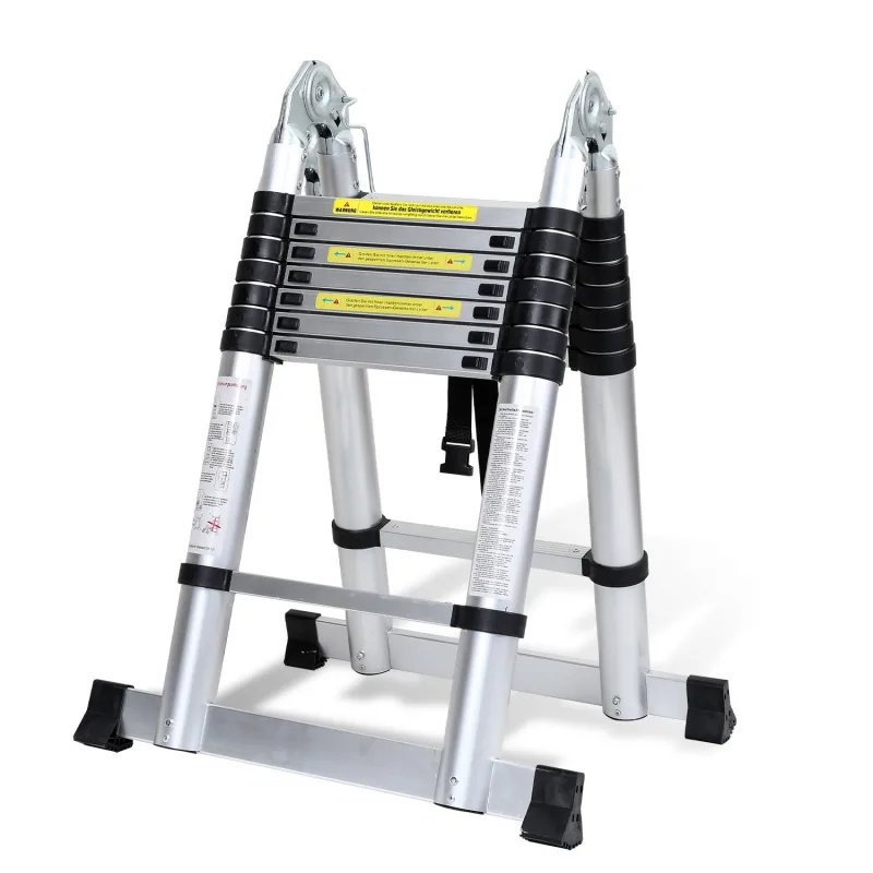 Escalera telescópica premium plateada de 5 m, antideslizante y multifuncional