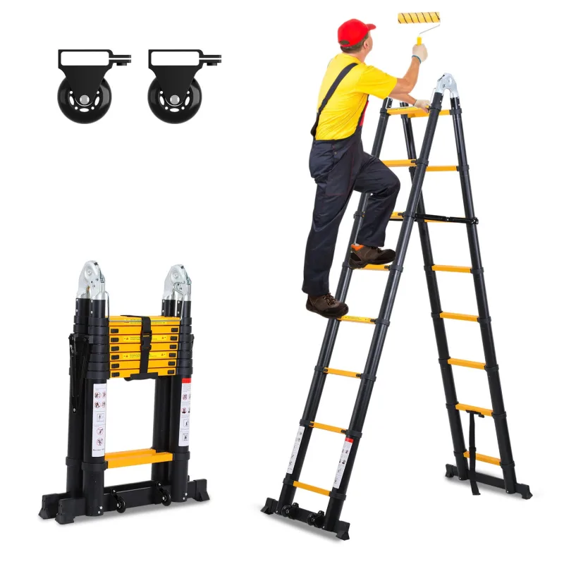 Escalera telescópica negra premium de 5 m, antideslizante, multifuncional