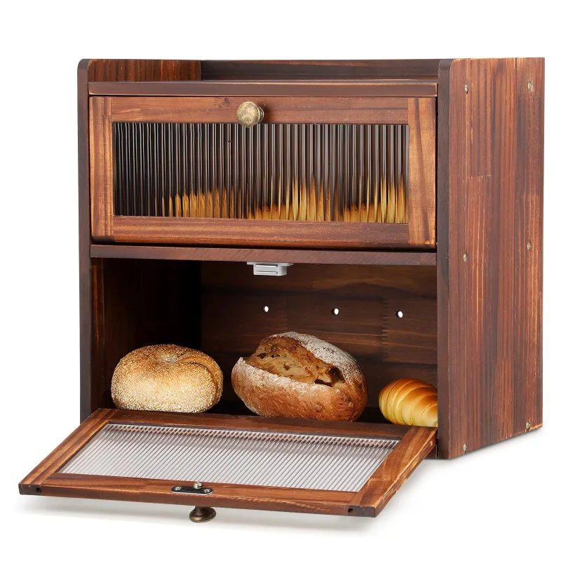 Caja de almacenamiento de pan de cocina, madera maciza de doble capa, caja de almacenamiento de pasteles, caja de almacenamiento de condimentos