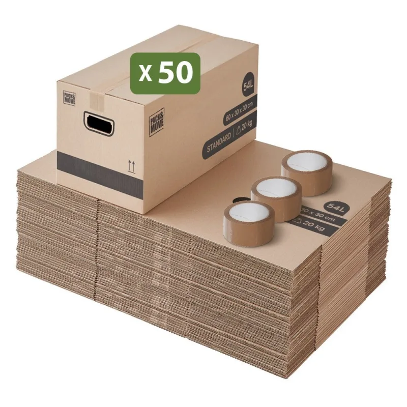 Pack and move - paquete de 50 cajas de almacenamiento estándar para mudanzas - 60 x 30 x 30 cm - asas reforzadas - 3 tiras adhesivas de regalo
