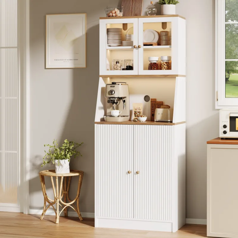 Mueble de almacenaje sencillo y versátil - blanco y roble - almacenamiento en varios niveles - iluminación led - toma de corriente