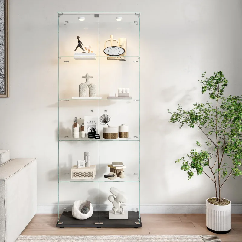 Vitrina de cristal con 5 estantes, 2 puertas, ideal para salón, dormitorio u oficina. librería de cristal blanca de pie.