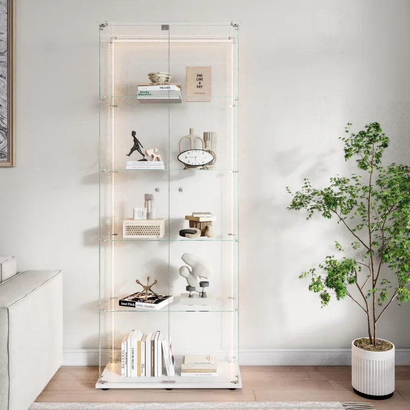 Vitrina de cristal de cinco capas con doble puerta, vitrina de cristal transparente independiente, adecuada para salón o dormitorio, blanca.