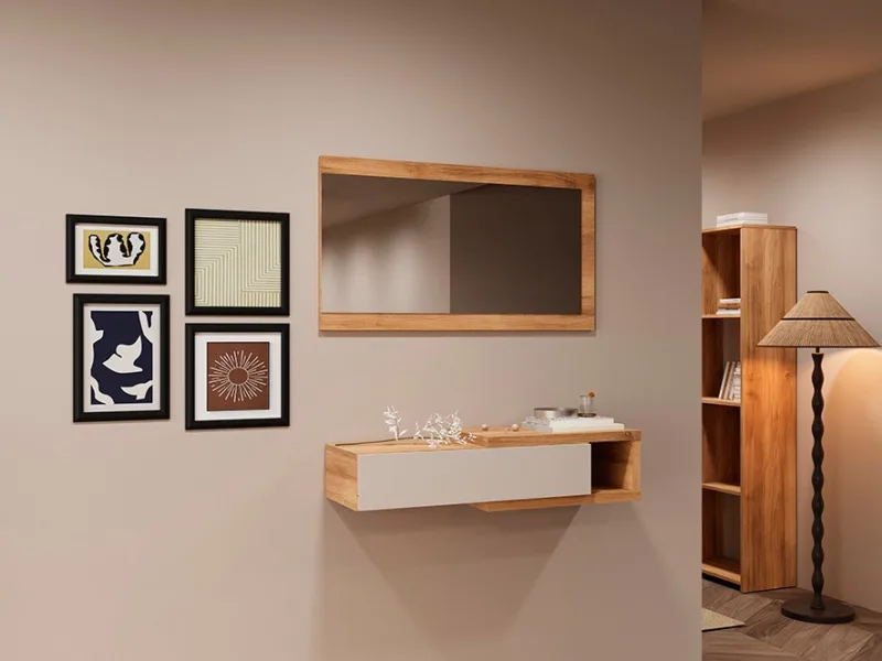 Recibidor con cajón y espejo mauvella beige – consola de entrada horizontal 91,5x26x70 cm – mueble auxiliar moderno y funcional para pasillos o entrad