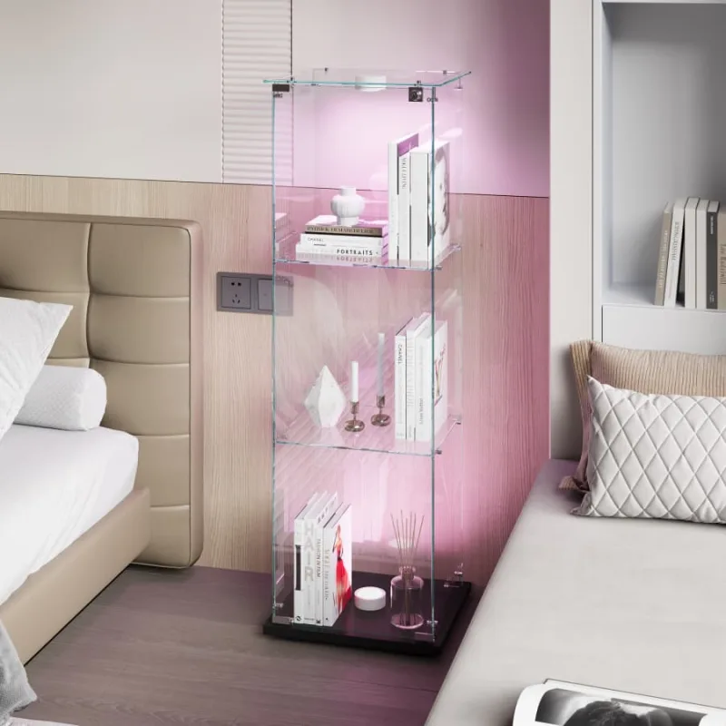 Vitrina de cristal con 3 estantes, vitrina de una puerta, luz suave, color negro