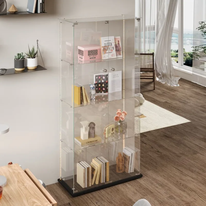 Vitrina de cristal con 4 estantes, 2 puertas, con iluminación, color blanco