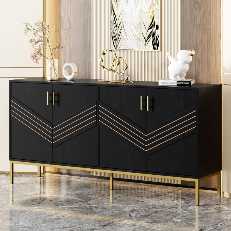Aparador moderno 4 puertas (negro y dorado) - diseño elegante, mdf+metal, capacidad de almacenamiento, estantes ajustables