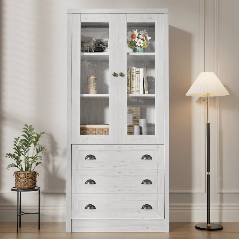 Aparador alto moderno 80×34×171cm (madera + cristal) - 3 cajones, tiradores de cobre